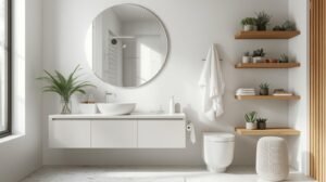 Precioso baño blanco estilo minimalista con espejos y plantas