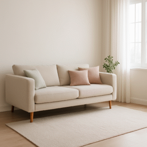 Sofá beige con cojines rosa y verde en un salón minimalista, con luz natural y cortinas blancas.