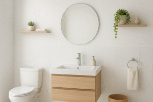 Baño moderno con mueble flotante, espejo redondo y estantes de madera