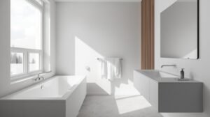 Bonito Espejo tamaño grande sin marco en un baño minimalista moderno