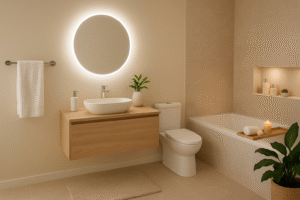 Baño moderno decorado en tonos beige y blanco con mueble flotante de madera, espejo redondo iluminado, plantas verdes y bañera con accesorios tipo spa.