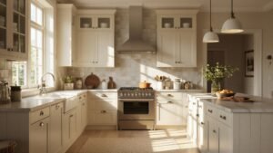 Cocina blanca elegante y luminosa con muebles modernos y decoración minimalista, ideal para hogares pequeños.