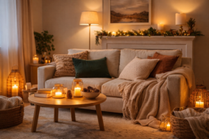 Salón acogedor en invierno decorado con tonos neutros, iluminación cálida, cojines y mantas suaves